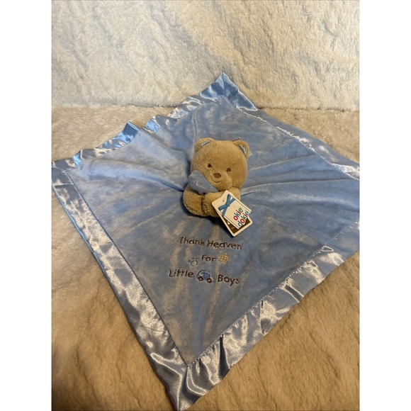 okie dokie Other - Okie Dokie Bear Thank Heaven for Little Boys Blue Blanket Star Satin Rattle